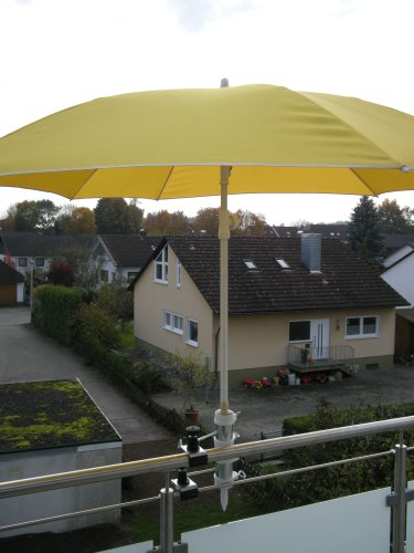2 x Patentierte HOLLY HALTERUNG FÜR Schirmstöcke 25,5 bis 55 mm Ø - 2 Stück - Schirmhalter für BALKON Außen oder Innen Befestigung mit 6 + 11 cm Abstands Schirmhalter - Holly patentiert - für BEFESTIGUNG an runden oder eckigen Elementen bis 55 mm mit UNIVERSAL - Halterung 360 ° DREHBAR - 360 ° schwenkbarer - HALTER mit DISTANZ BUCHSEN für SCHIRM STÖCKE von 25 bis Ø 55 mm mit 13 cm tiefer AUFNAHME HÜLSE und 6 + 11 cm langer SCHWENKBARER ABSTANDS-GEWINDE-ACHSE -