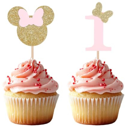 Minnie Mouse Inspired First Birthday Party Picks - Pink and Gold Baby Girl Cupcake Toppers - Set of 24