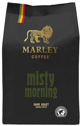Marley Coffee Strong Dark Roast Ground Coffee 227g - Misty Morning Blend - From The Marley Family - V60 Filter Cafetiere Aeropress - Rainforest Alliance Certified - Strength 5