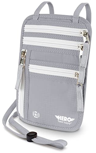 Hero Neck Wallet – Porte-passeport avec blocage RFID – Pochette de voyage facile à dissimuler, gris cendré, taille unique, portefeuille RFID