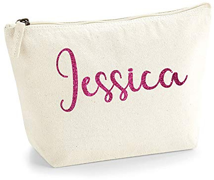 Personalisiert Großer Name Initialen Text Kosmetiktasche Damen Schminktasche für Handtasche Makeup Tasche mit Texturdruck - Rosa Glitzer - L | Natürlich