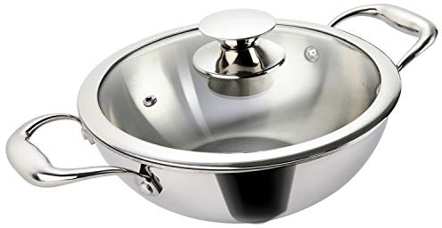Alda Vitale Poêle wok triple épaisseur en acier inoxydable avec couvercle en verre 1,7 l 20 cm