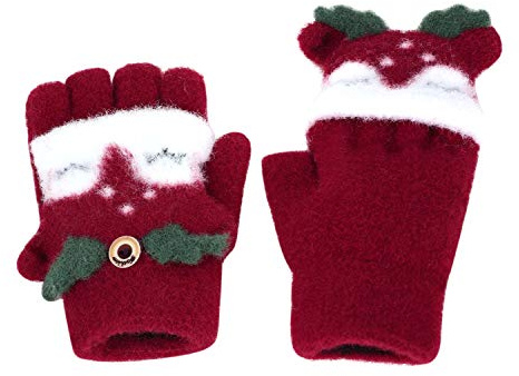 FakeFace Manoplas con botón y solapa, guantes sin dedos para niños, guantes de punto cálidos de invierno, forro de felpa, guantes de invierno con aspecto de conejo, Talla única