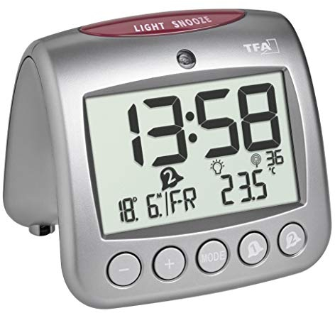 TFA Dostmann Digitaler Funk-Wecker mit Temperatur SONIO 2.0, 60.2559.54, Zwei Weckalarme, Anzeige Innentemperatur/Wochentag/Datum, Silber, (L) 112 x (B) 98 x (H) 98 mm