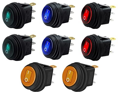 HUAZIZ 8 Pezzi Interruttore a Levetta Impermeabile 20A 12V DC SPST ON/OFF 3 Pin 2 Posizioni Rotondo Interruttore a Bilanciere con Luce a LED, per Auto Barca Camion Elettrodomestici