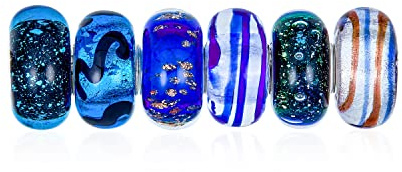 Verschiedene Gemischte Set Aus 6 Bündel Durchsichtiger Schattierungen Von Schwarz, Blau, Marine, Silber, Goldfolie, Murano-Wirbel, Charme-Perle, Abstandshalter Für Frauen, Teenager .925 Sterling
