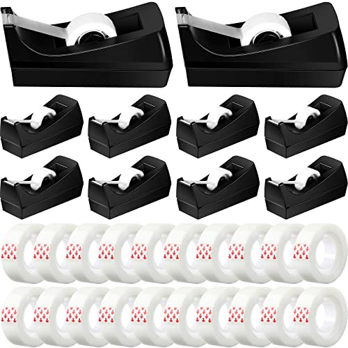 Yahenda 10 Pack Black Desktop Tape Dispenser Non Skid Base with 0.7 x 985 Inches Invisible Tape Refills Bulk Weighted Roll Dispenser for Office Home School