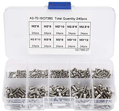 Yuecoom Vis à six pans creux, 240pcs M2x6 M2x8 M2x10 M3x6 M3x8 M3x10 M3x12 M2.5x6 M2.5x8 M2.5x10 Kit d'assortiment de vis à tête cylindrique à six pans creux en acier inoxydable