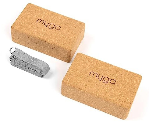 Myga Kork Yoga Zubehör Set | 2 Rutschfeste Kork Blöcke & Verstellbarer Gurt (Grau) | Perfekt für Anfänger & Fortgeschrittene | Unterstützung bei Yoga & Pilates Übungen | Leicht & Tragbar