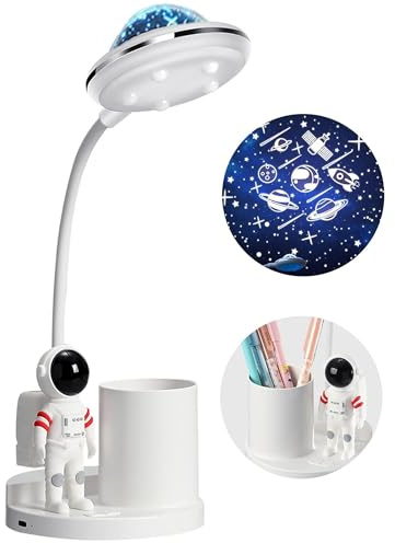 WLHBF Schreibtischlampe Kinder, LED Astronaut Tragbar Tischlampe | Leselampe mit Projektion&Bleistifthalter,Schreibtischlampe Dimmbar Wiederaufladbar Lampe für Student Schlafsaal Studie Lesen