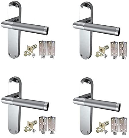Golden Grace Mitred Door Handle, Satin Chrome/Polished Chrome Dual Finish | Includes four pairs of butt hinges and 64mm tubular latches with spindles and fixings for a complete, hassle-free setup.