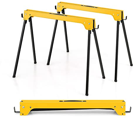 GYMAX Lot de 2 Tréteaux Pliables Métalliques, Chevalet de Sciage Professionnel avec Bras de Soutien de Bois, Poignée de Transport, Patin Antidérapant, pour Bricolage Atelier, Charge Max.600KG (Jaune)