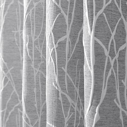Dark Gray Curtains 63 Inch Length for Bedroom 2 Panels Set Back Tab Loop Pocket Tree Vintage Floral Patterned Lightweight Linen Textured Sheer Gray Curtain for Kitchen Door Bay Window Bathroom Doorway