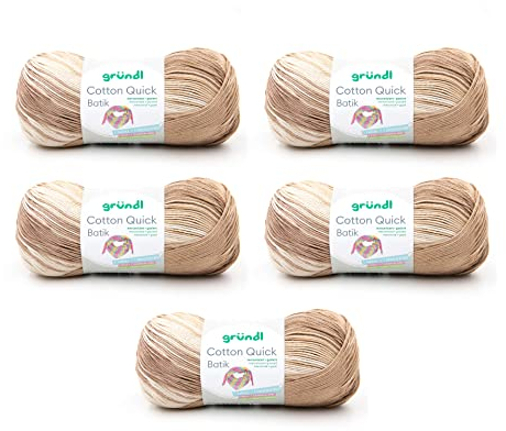 Gründl Wolle Cotton Quick Batik - dünne Wolle zum Häkeln mit Farbverlauf - Strickgarn - Glänzend und hautfreundlich - 100% Baumwolle - 5 Knäuel 100 g / 260 m - Nadelstärke 3-4 - Natur-braun-beige