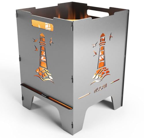 MOCAVI Edelstahl Feuerkorb Leuchtturm 52 cm | 3 mm V2A Design-Feuertonne für Garten, Terrasse und Balkon Feuerschale Feuersäule massiv sicher quadratisch Feuerstelle Outdoor faltbar hitzefest eckig