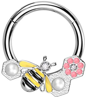 beyoutifulthings Piercing-Ring Silber Biene Blume Perlen Universal-Piercing Ohr-Ring Nase Septum Segment-Ring Klapp-Verschluss 10-mm