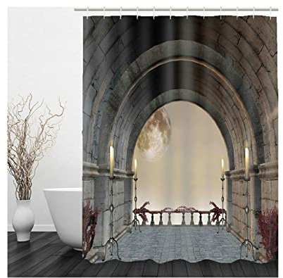 Whoiy Badevorhang Beschwerer, Duschrollo Um Die Ecke 165X200cm Polyester Badegardinen Fenster Mond Kaffee Waschbar Wasserdicht