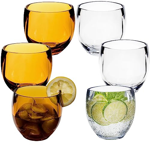 Hummelladen 6x Campingglas aus Acryl 400ml Klar und Gold - Weinglas ohne Stiel Acrylglas Wasserglas Kunststoff Camping Garten Echtglasoptik Picknick Becher Kinder Senioren Longdrink Coktail