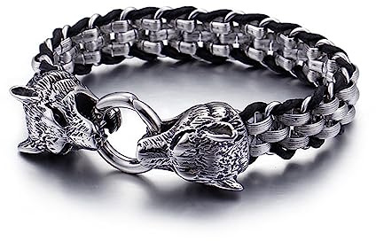 VOYADE Mode Punk-Stil Edelstahl Double Wolf Kopf Armband, Herren Stahl Geflochtene Diamant-Armband,Silber,22cm