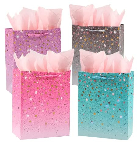 4 Stk Geschenktüt mit Seidenpapier, Papiertragetaschen für Weihnachten, Party, Geburtstag, Hochzeit (klein)