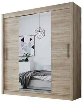 Easy4You D2 180 cm Sonoma Schiebetüren Kleiderschrank 180x215x58 cm mit Spiegel - Schlafzimmermöbel, Aufbewahrung - Mehrzweckschrank