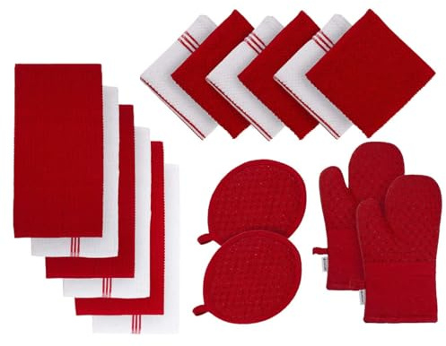 Lane Linen 16 Pc Kitchen Dish Towels Set - 6 Absorbent Terry Kitchen Hand Towels, 6 Dish Cloths for Washing Dishes, 2 Silicone Grip Potholders & 2 Silicone Oven Mitts - Red