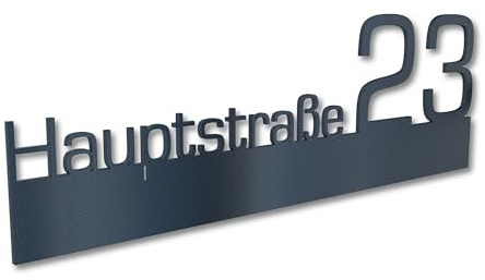 Graviers Design Hausnummernschild pulverbeschichtet in RAL7016 - Straßenname Hausnummer aus lasergeschnittenen Stahl - Straße Nummer personalisiert 300-600 mm Breit - Türschild Design 3