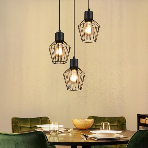Lichtmaler Hängeleuchte 3 Flammig Pendellampe Rund Pendelleuchte Schwarz | LED E27 Metall Lampenschirm in Käfigform Retro Esstischlampen für Esszimmer Flur Cafe Schlafzimmer Wohnzimmer