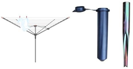 Vileda 4 Arm Rotary Dryer, Outdoor Clothes Airer with 45m washing Line, Silver & JVL Heavy Duty Multi-Fit Ground Soil Spear Spike with Adaptor to Fit 32 and 40 mm Diameters with Plastic Adaptor