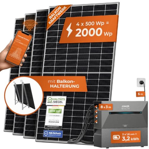 Solarway® All In One Balkonkraftwerk mit Speicher 2000W komplett Steckdose - 3,2 kWh Anker Solix 2 PRO Speicher - Solaranlage Komplettset - 500W Solarmodule & Anker Speicher & Zubehör