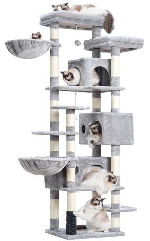 Hey-brother Kratzbaum, 188 cm Katzenbaum, XXL Kletterbaum mit 2 groß Plattform, 3 Höhlen, 2 Korb, Plüschbälle und Sisal Kratzbäume, mehrstöckiger Katzenkratzbaum, Hellgrau MPJ035-MW