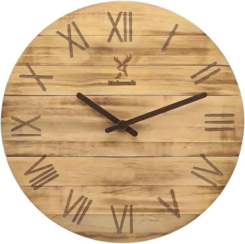 Holzwerk Retro 35 cm Natur Geflammte Wanduhr Holz-Uhr Rustikal Vintage Braun nahezu lautlos aus handgefertigtem Massivholz Natur Holz mit Hirsch Motiv Römische Ziffern (HW.Braun)