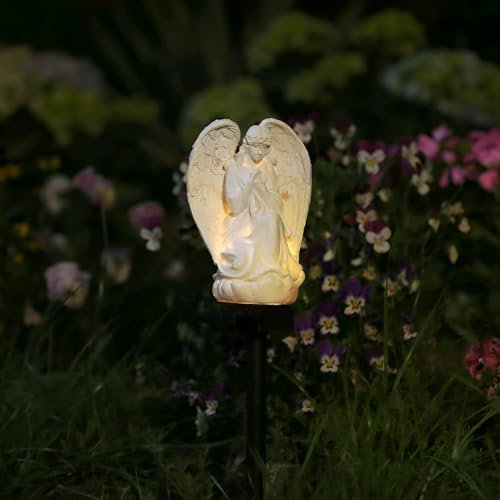 FIYSON Ángel solar, ángel rezando, iluminación LED para exteriores, IP65, resistente a la intemperie, luz solar para tumba con estaca para terraza, balcón, camino de estaca y césped, 45 cm (estilo 2)