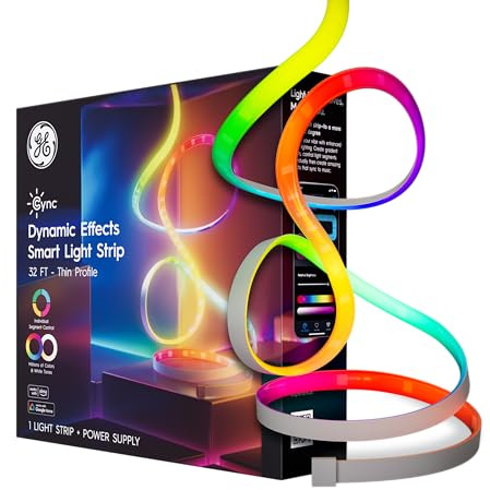 GE Cync Dynamic Effects Smart LED Light Strip with Music Sync, Color Changing WiFi Lights, Indoor Light Strip, Compatible with Alexa and Google Home, 32ft and Power Supply