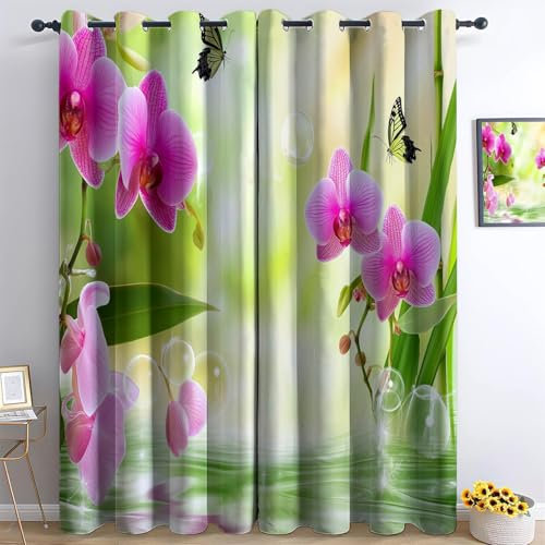 Grün Vorhänge Aquarellmalerei Orchidee Bambus Schmetterling Gardinen mit Ösen Vorhang Blickdicht Verdunklungsvorhänge Schiebevorhänge Schlafzimmer Wohnzimmer Blackout Curtain 2er Set 214 x 91.5 cm