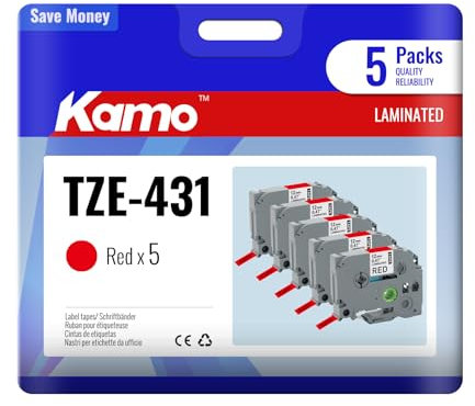 5x kamo Bänder kompatibel mit Brother P-touch 12mm 0.47 Schriftbänder TZe-431 TZe431 TZ-431 TZ431 Laminated Rot, für Beschriftungsgerät PT-D210 PT-D220 PT-D200 PT-H110 PT-D400