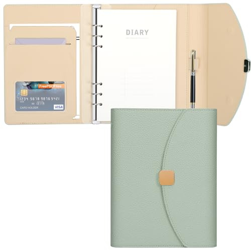 FYY A5 Ringbuch, PU Leder 6 Ringe Notizbuch, Tagebuch Journal mit Nachfüllbar Liniert Papier 100 Blätter/200 Seiten, Organizer Planer für Schule, Büro, Schreiben Grün