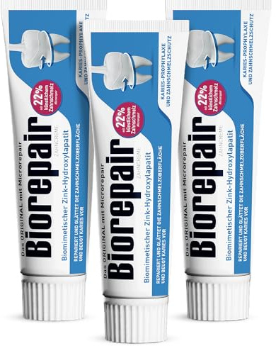Biorepair Zahncreme – Karies und Zahnschmelzschutz – Repariert und glättet die Zahnschmelzoberfläche und beugt Karies vor – mit 22% künstlichem Zahnschmelz microRepair – 75ml (75ml (3er Pack))