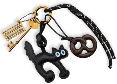 Porte-clés décoratif avec breloque chat noir, pendentif bretzel et cordon tressé, beige, marron, M