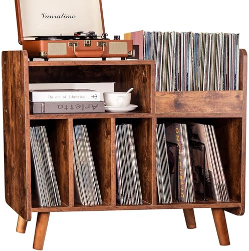 UODERS Plattenspielertisch, Plattenspielerständer aus der Mitte des Jahrhunderts mit Vinylaufbewahrung für bis zu 350+ Alben, Vinyl-Schallplattenschrank mit verstellbaren Regalen, Braun