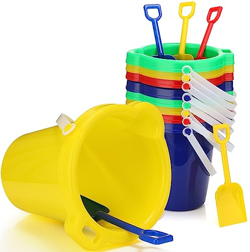 Didaey 7.5 Inch Beach Buckets and Shovels Plastic Sand Pails Castle Building Sand Shovel for Boys and Girls Summer Beach Toys Party Favors (6 Set)