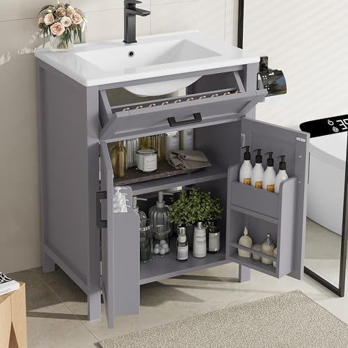 GigaXynium Mueble de baño de pie con lavabo, tocador completamente lacado, estantes de puertas dobles, cajones prácticos, estantes ajustables, lavabo de cerámica integrado (gris)