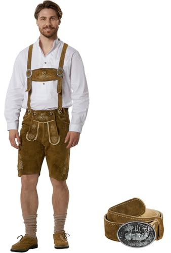 dressforfun, Pantaloni Corti in Pelle Uomo, Lederhosen Oktoberfest, Costume Bavarese, Pelle Bovina Resistente, con Bretelle e Cintura, Ricami Tradizionali, Bottoni Osso, Trachten - Oliva, 54