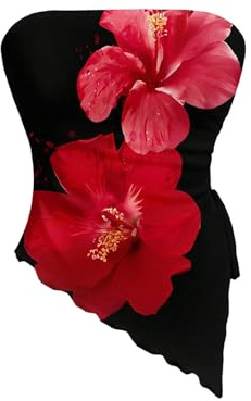 WDIRARA Women's Floral Strapless Side Ruched Asymmetrical Hem Tube Top