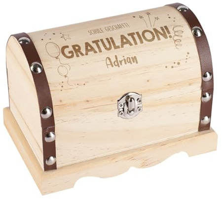 Herz & Heim® Personalisierbare Schatztruhe aus Holz mit Gravur – Geschenkverpackung mit eigenem Text – 3 Größen – Truhe mit Metallverschluss und Lederbändern (S)