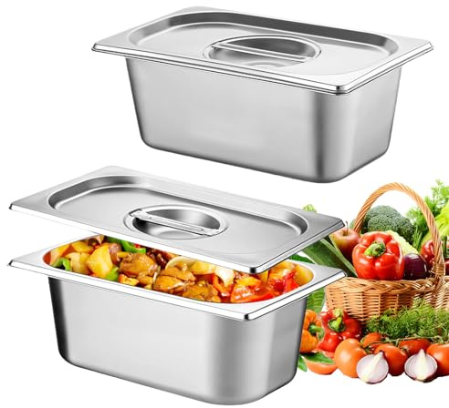 LEKEFETO Lot de 2 bols à panure 1/3 en acier inoxydable avec couvercle – Bols à paner empilables pour restaurants, restaurants, fêtes de famille, accessoires de cuisine, gastronomie (32,5 x 17,5 x 6,5