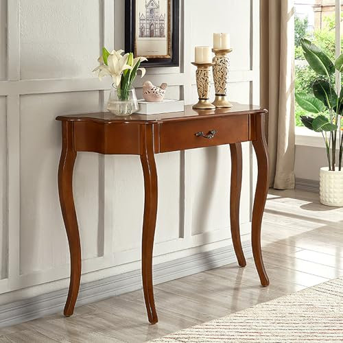Tavolo consolle in legno massello con cassetto, elegante tavolo da ingresso a mezza mezzaluna, mobili per soggiorno, corridoio, divano, colore marrone (89 x 28 x 89 cm)