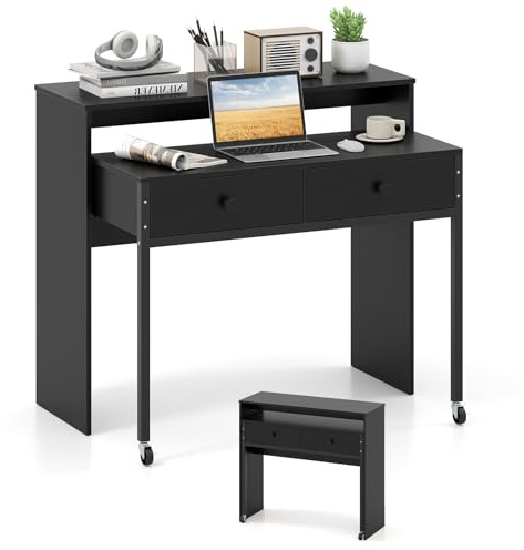 COSTWAY Scrivania per Computer, Tavolo Salvaspazio Retrattile con Cassetti e Ruote Universali Bloccabili, 100 x 63 x 88 cm, Desk Gaming per Ufficio, Soggiorno e Camera da Letto (Nero)