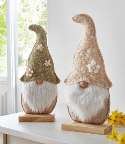 Dekoleidenschaft 2X Wichtel Blumenmütze aus Filz aus recyceltem PET, 28 + 30 cm hoch, Sockel aus Holz, Dekofiguren für Wohnzimmer, Dekowichtel