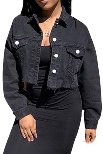 SANSIWU Women's Cropped Denim Jackets Long Sleeve Lapel Denim Short Coat Button Down Distressed Hem Crop Jeans Coat (A-Black, L)